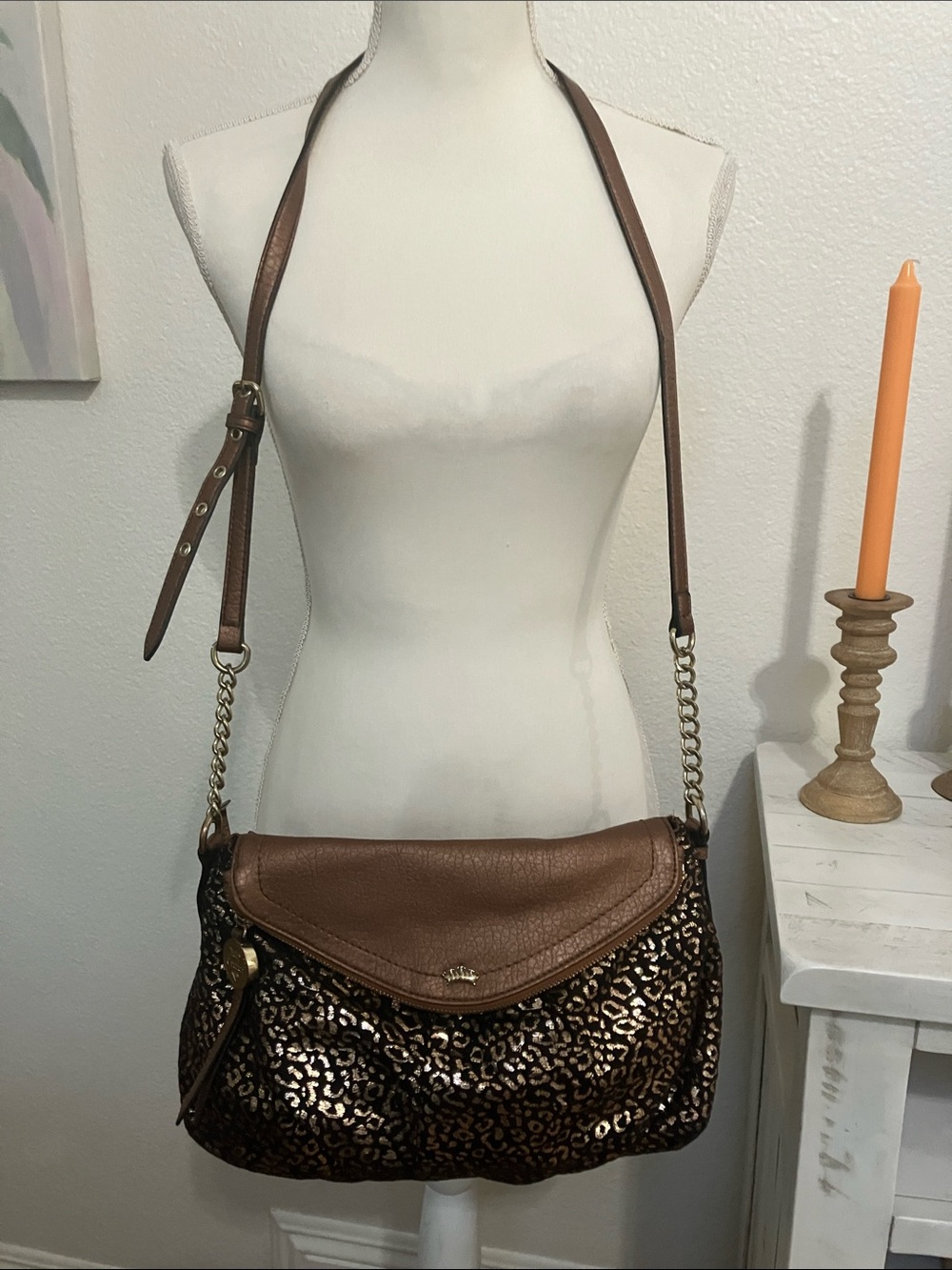 Vintage Y2k Juicy Couture Brown and Gold Leopard Crossbody Bag